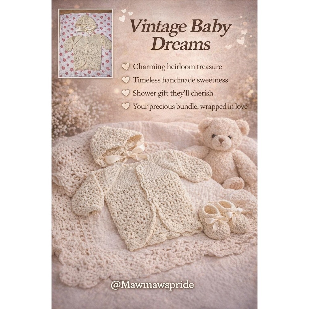 Vintage Handmade Crochet Baby Sweater and Bonnet Set Cream Ivory Heirloom Set